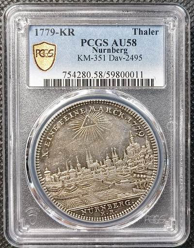 甄臻铺-世界币章拍卖（第38期）立冬小精品场，送拍享返佣金等优惠多多 - PCGS-AU58 1779年德国纽伦堡景观泰勒银币，正面纽伦堡城市全景，背面双头鹰纹章，银光漂亮，五彩包浆