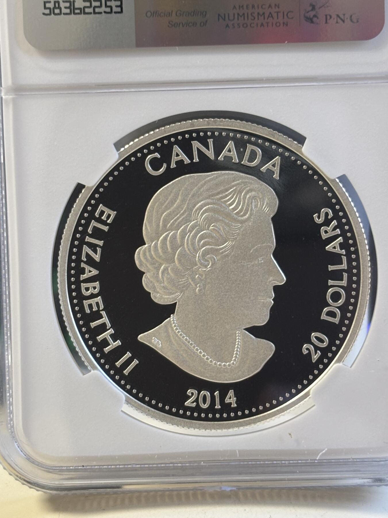 第181期拍卖  加拿大2014年温拿芭蕾舞团75周年20元精制彩色银币 NGC -PF69带原盒及证书,9999银，31.6克