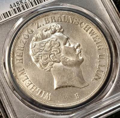 甄臻铺-世界币章拍卖（第38期）立冬小精品场，送拍享返佣金等优惠多多 PCGS-AU58 德国1854年 不伦瑞克狼堡威廉2泰勒大银币 盾徽版 流通主币，250000发行量，非常见年份 状态非常好，疑似低评，十字大转光