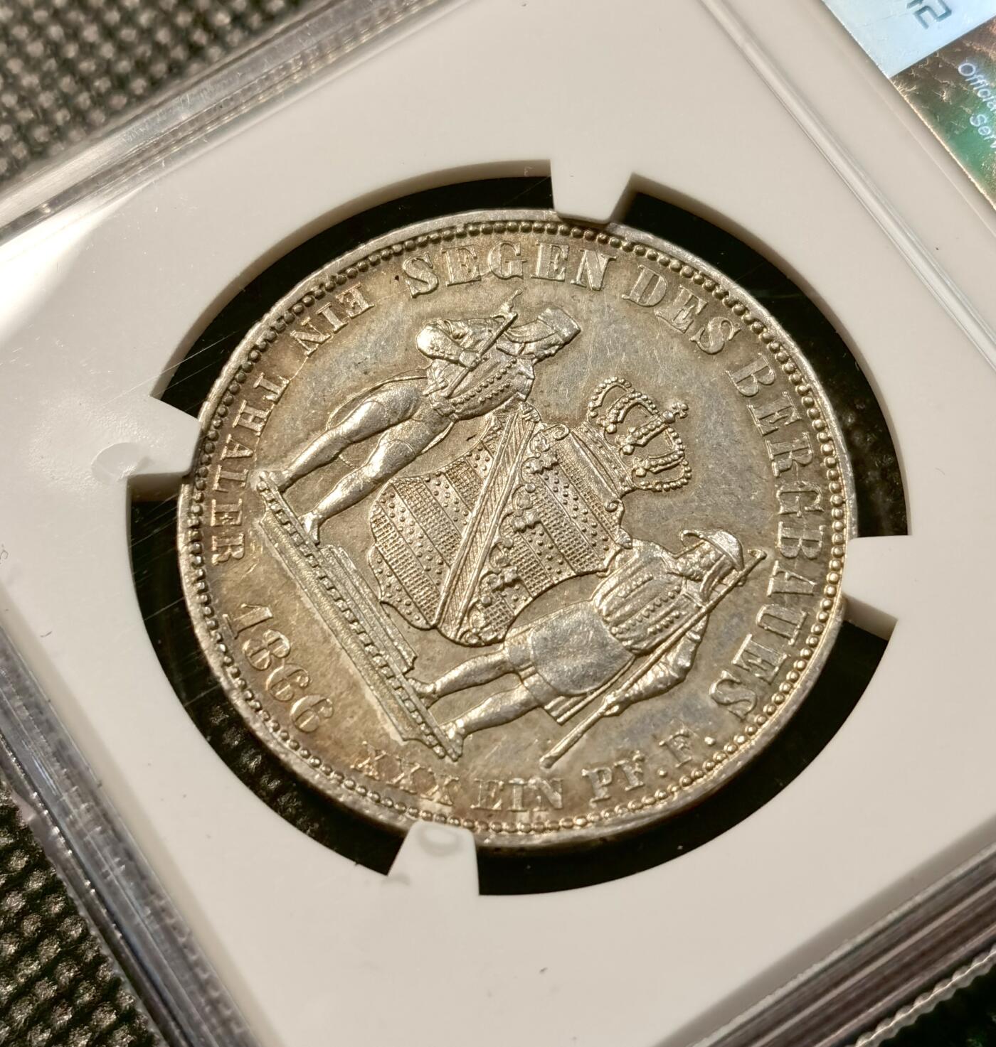 甄臻铺-世界币章拍卖（第38期）立冬小精品场，送拍享返佣金等优惠多多 NGC-UNCD 德国1866年萨克森矿业流通1泰勒 矿工人物刻画细致完整，包浆好玩