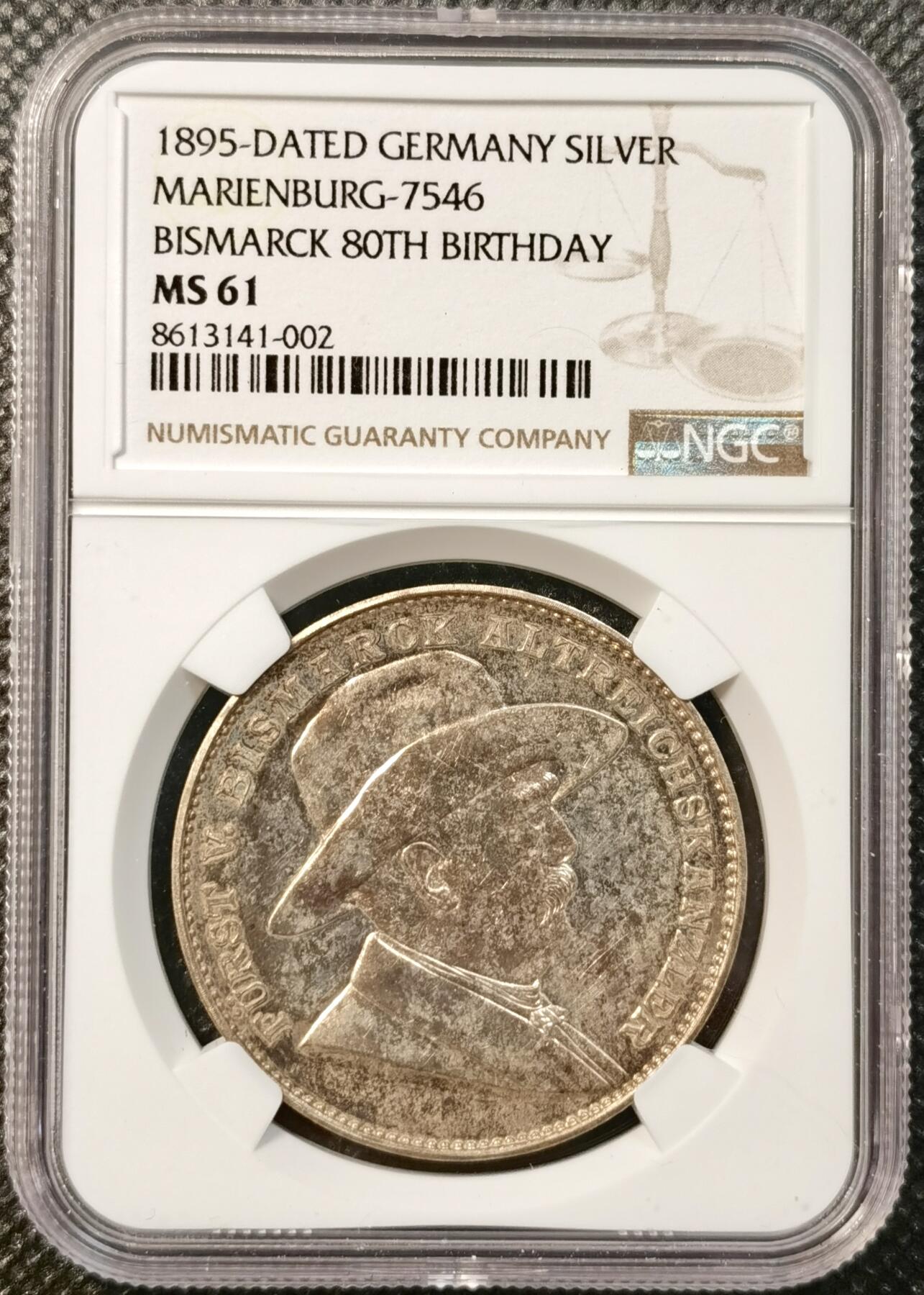 甄臻铺-世界币章拍卖（第38期）立冬小精品场，送拍享返佣金等优惠多多 NGC-MS61 德国1895年俾斯麦80寿辰纪念大银章 颇具分量38.6mm，27.52克，极少见火烧云包浆，类镜面PL工艺，高浮雕日耳曼妮娅女神端庄华贵，细节犀利，题材与品相兼具，值得收藏