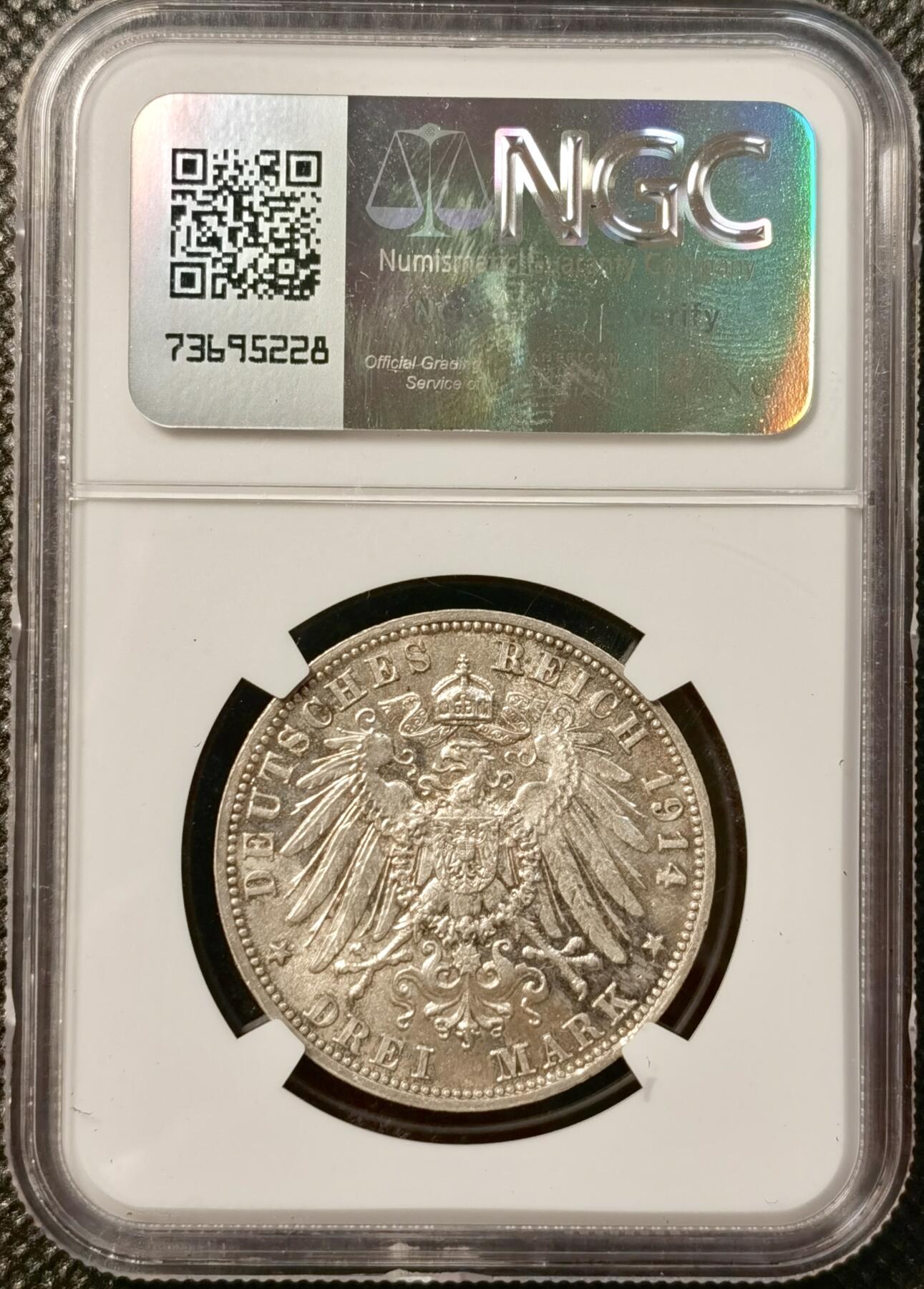 甄臻铺-世界币章拍卖（第38期）立冬小精品场，送拍享返佣金等优惠多多 NGC-MS63 1914年德国巴伐利亚路德维希3马克银币，纸袋包浆