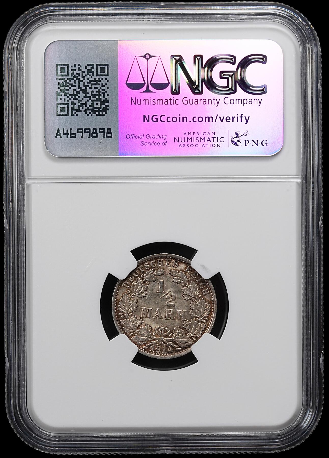 修遠堂世界钱币第九十二期 NGC MS65 1914年德国1/2马克银币 A厂铭