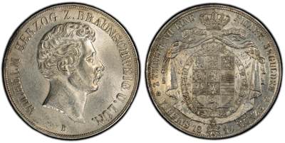 甄臻铺-世界币章拍卖（第38期）立冬小精品场，送拍享返佣金等优惠多多 - PCGS-AU58 德国1854年 不伦瑞克狼堡威廉2泰勒大银币 盾徽版 流通主币，250000发行量，非常见年份 状态非常好，疑似低评，十字大转光
