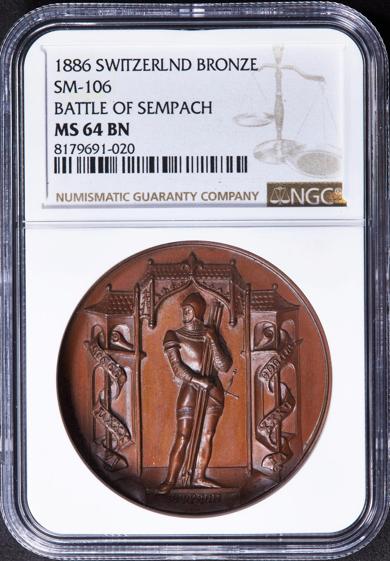 【俄甄集藏】2025年(044)11-12星期三晚 19:30 全场包邮 瑞士1886年纪念森帕赫战役600周年大通章，NGC MS64，高浮雕，巧克力包浆，顶级状态，经典品种，疑似低评