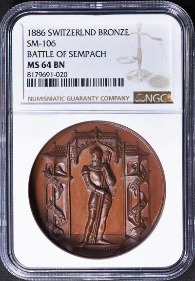 【俄甄集藏】2025年(044)11-12星期三晚 19:30 全场包邮 - 瑞士1886年纪念森帕赫战役600周年大通章，NGC MS64，高浮雕，巧克力包浆，顶级状态，经典品种，疑似低评