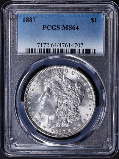【俄甄集藏】2025年(044)11-12星期三晚 19:30 全场包邮 - 美国1887年摩根1美元大银币，PCGS MS64，车轮转光