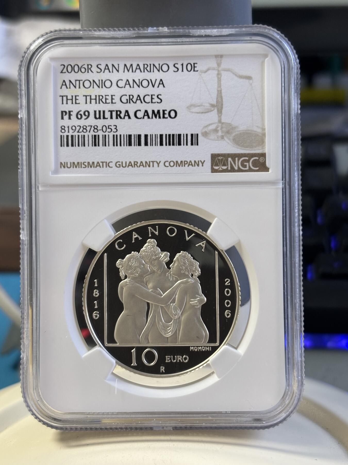 第181期拍卖   圣马力诺2006年卡诺瓦《美惠三女神》精制纪念银币 NGC PF69，925银，20.7克，直径34毫米