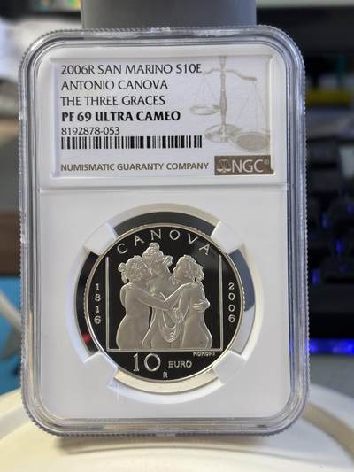 第181期拍卖 -   圣马力诺2006年卡诺瓦《美惠三女神》精制纪念银币 NGC PF69，925银，20.7克，直径34毫米