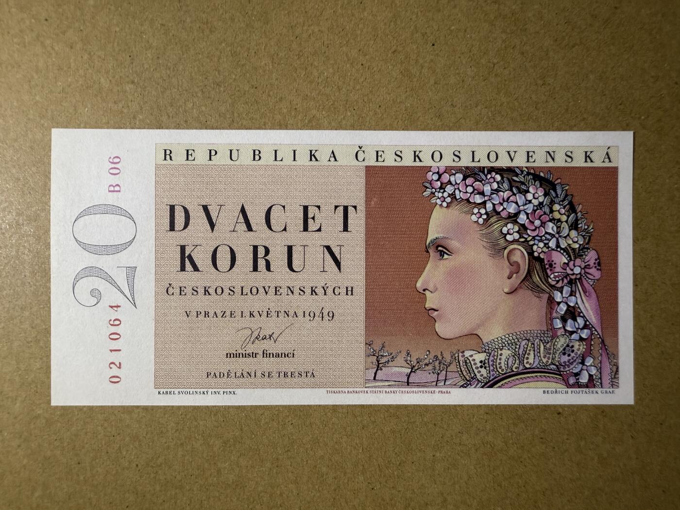 《艾美收藏》第219期-11.9周日外币畅拍场 捷克斯洛伐克20克朗 UNC 1949年 花环少女 无针孔实票