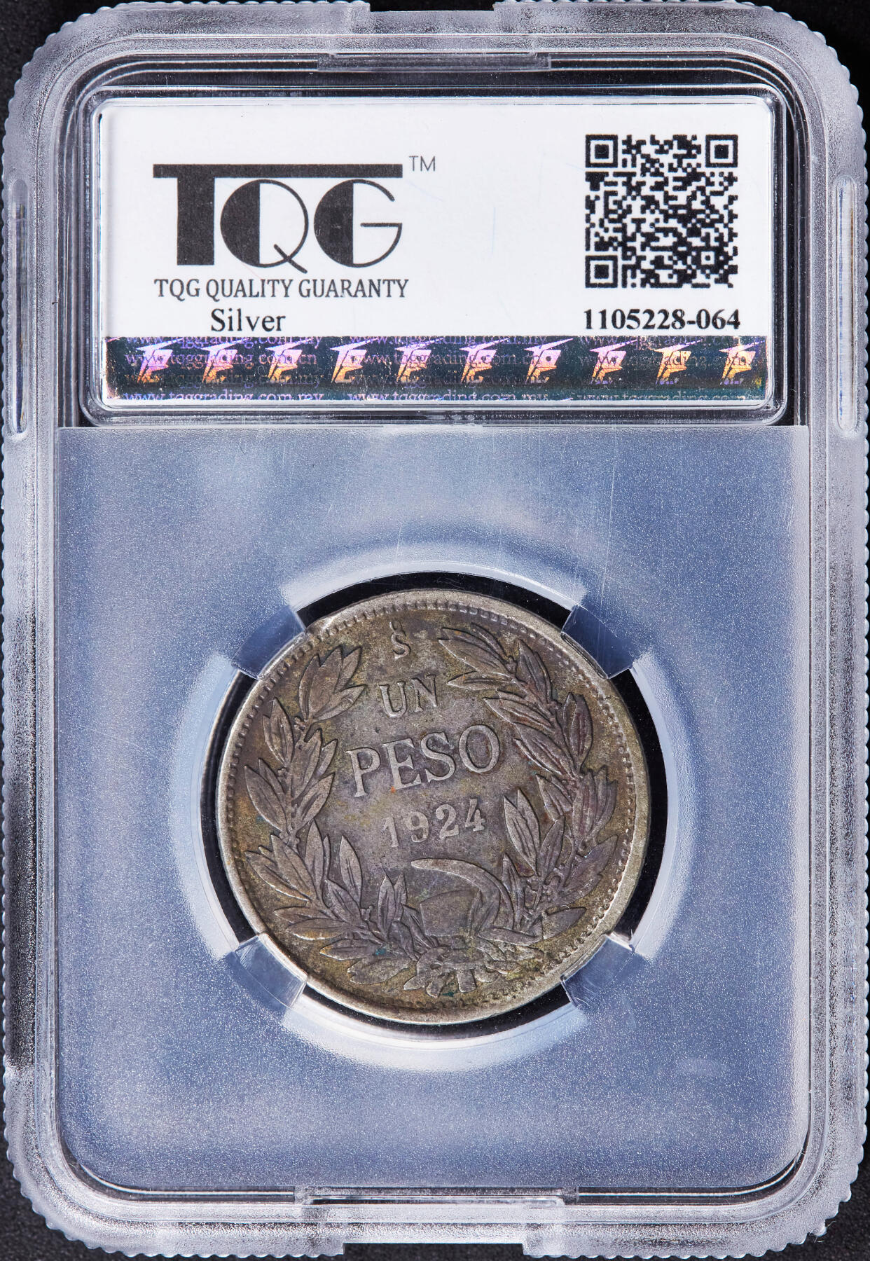 【俄甄集藏】2025年(044)11-12星期三晚 19:30 全场包邮 智利1924年秃鹫1比索银币，TQG XF40，黄油酱彩包浆