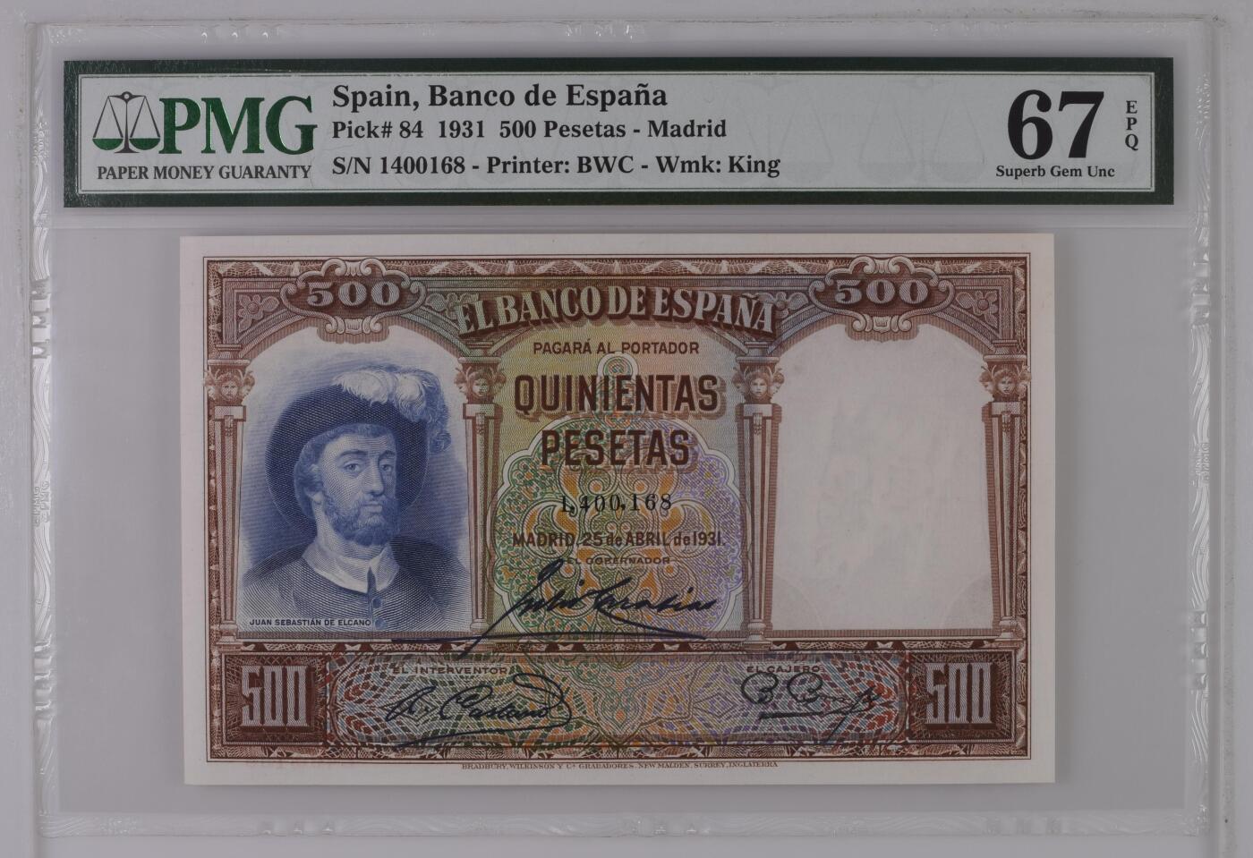 《艾美收藏》第219期-11.9周日外币畅拍场 西班牙1931年500比塞塔PMG67高分168靓号 难上分品种，经典大方块系列，BWC精品代表作 绝版严评经典壳  Pick#84 航海家埃尔卡诺