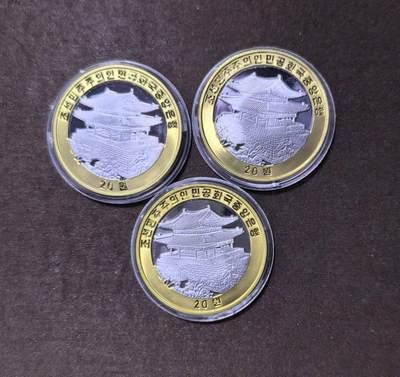 北京马甸外国币专卖第145期，外国币专场，陆续上拍，欢迎关注 朝鲜2004年20元精制双色币，南北和谈纪念及2010年朝鲜民族艺术阿里郎双金属纪念币 面值20元，2枚，