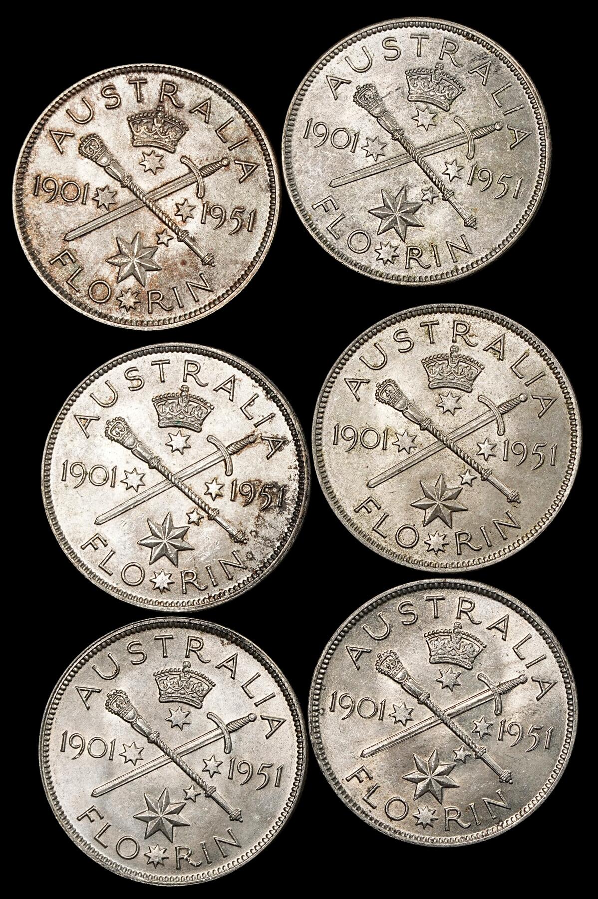修遠堂世界钱币第九十二期 1951年澳大利亚联邦50周年纪念1弗罗林银币6枚  总重67.91g ，含银50%  未流通品62-64状态