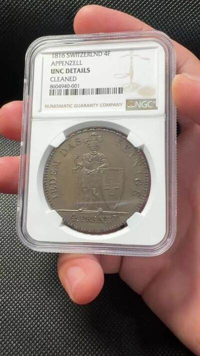 甄臻铺-世界币章拍卖（第38期）立冬小精品场，送拍享返佣金等优惠多多 NGC-UNCD 瑞士1816年阿彭策尔州雇佣兵银币 面值4法郎 发行量仅1850枚 属于瑞士雇佣兵银币系列中的稀缺品种梯队 镜面五彩底板 状态很好 