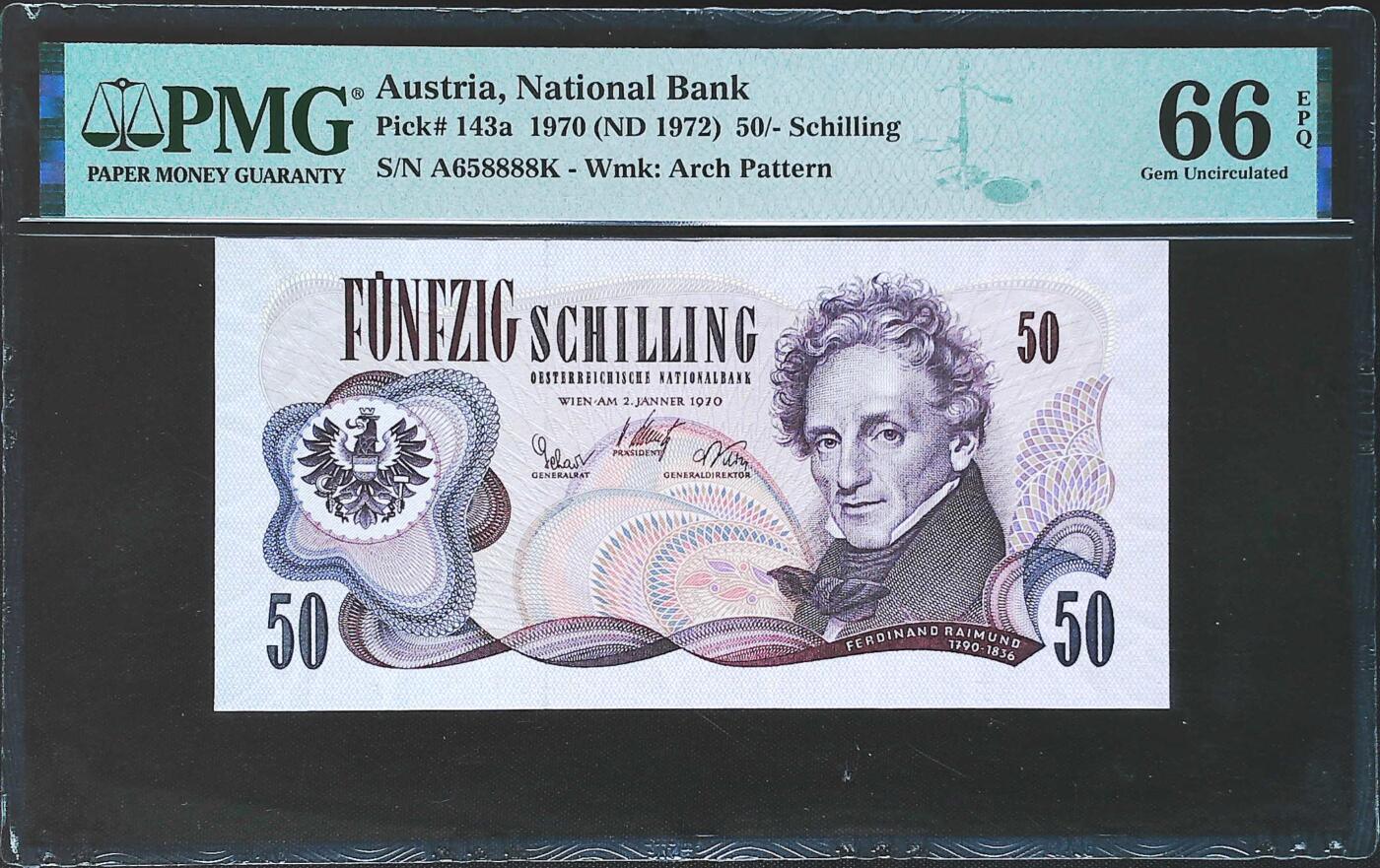 世界靓号纸钞第七十七期 1970年奥地利50先令 全程无347 狮子号8888 PMG66