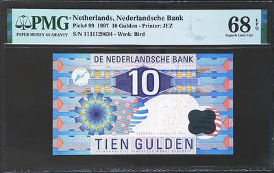 世界靓号纸钞第七十七期 - 1997年荷兰10盾 小齿轮版 PMG68
