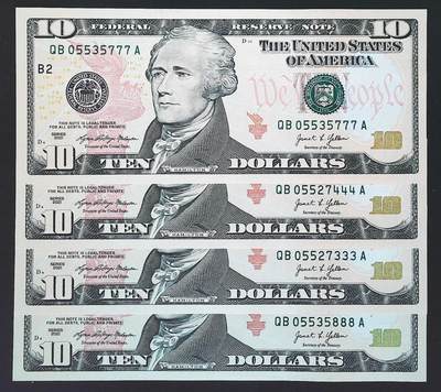 世界靓号纸钞第七十七期 - 2021年美国10美元 四张豹子号 其中有无47豹子号888 全新UNC