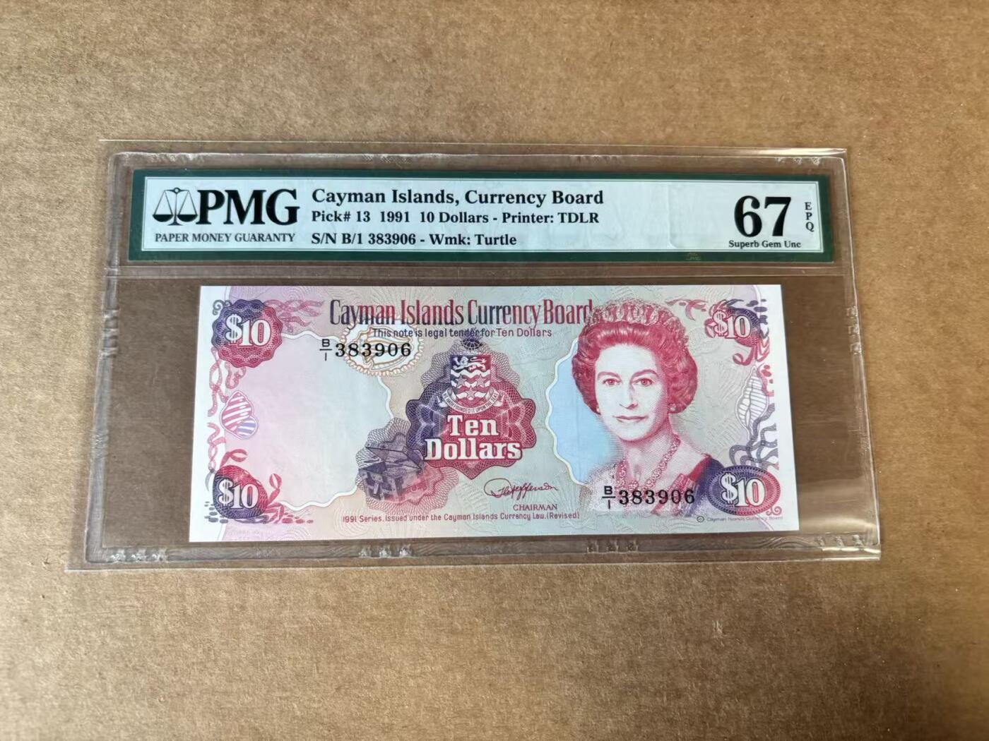 【Blue Auction】世界纸币精拍第748期——18级TOP拍卖/信誉/品质/专业/高效💫 【B/1首发冠无47】开曼群岛 1991年10元 女王 PMG67EPQ 