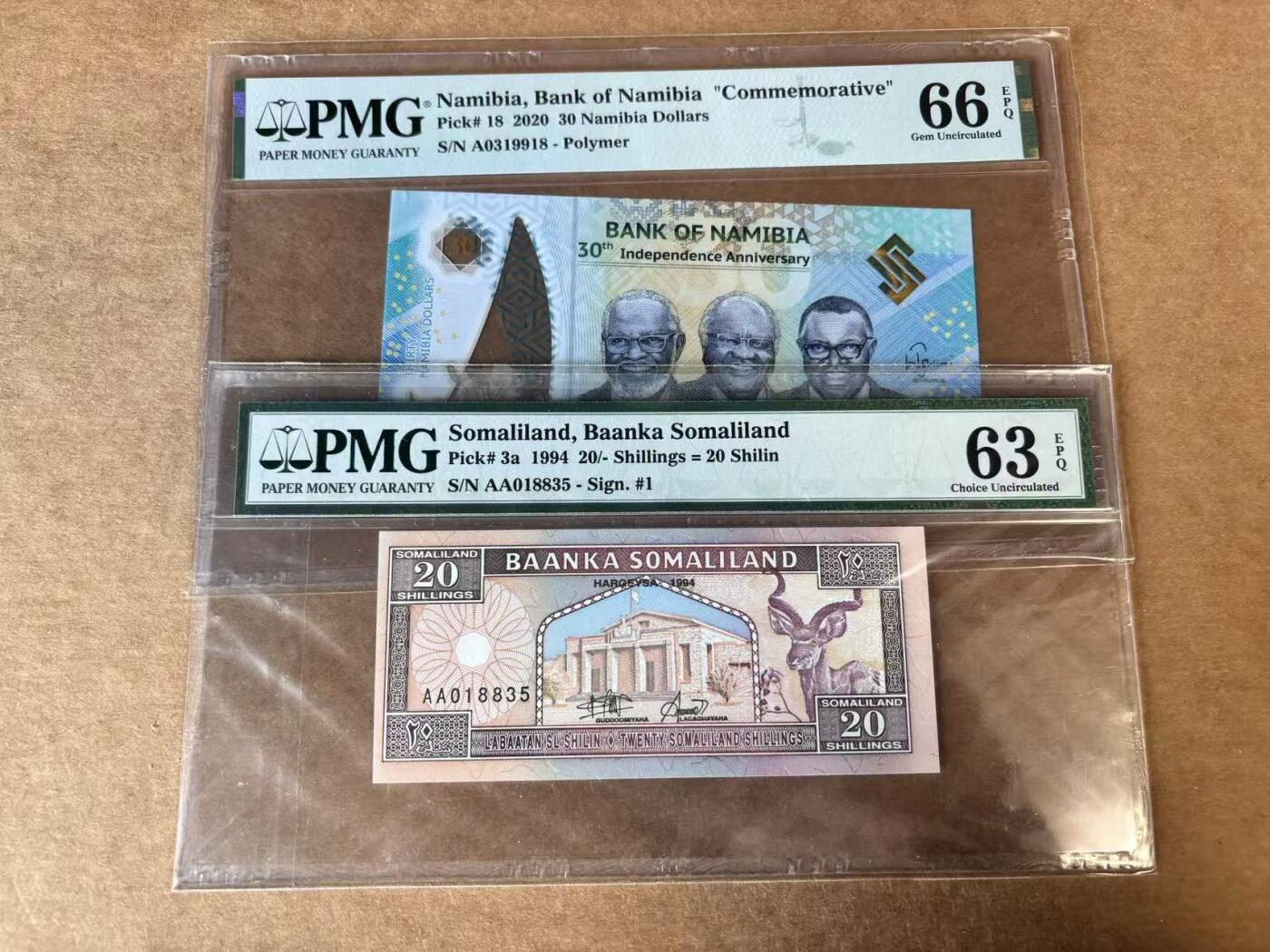 【Blue Auction】世界纸币精拍第748期——18级TOP拍卖/信誉/品质/专业/高效💫 【一组2张 含AA冠/A冠 无47】纳米比亚 2020年30元&索马里兰 1994年20先令 PMG66EPQ-63EPQ 