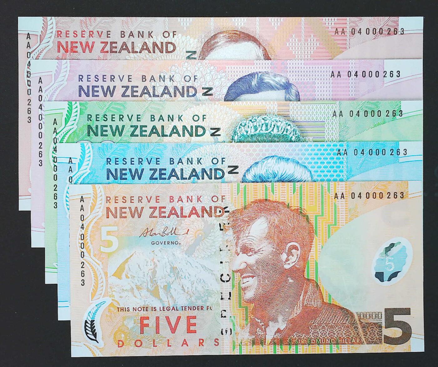 世界靓号纸钞第七十七期 2004年新西兰5 10 20 50 100元 首发AA冠 百位号263号 全套都打上了样票的字样 有轻微瑕疵 