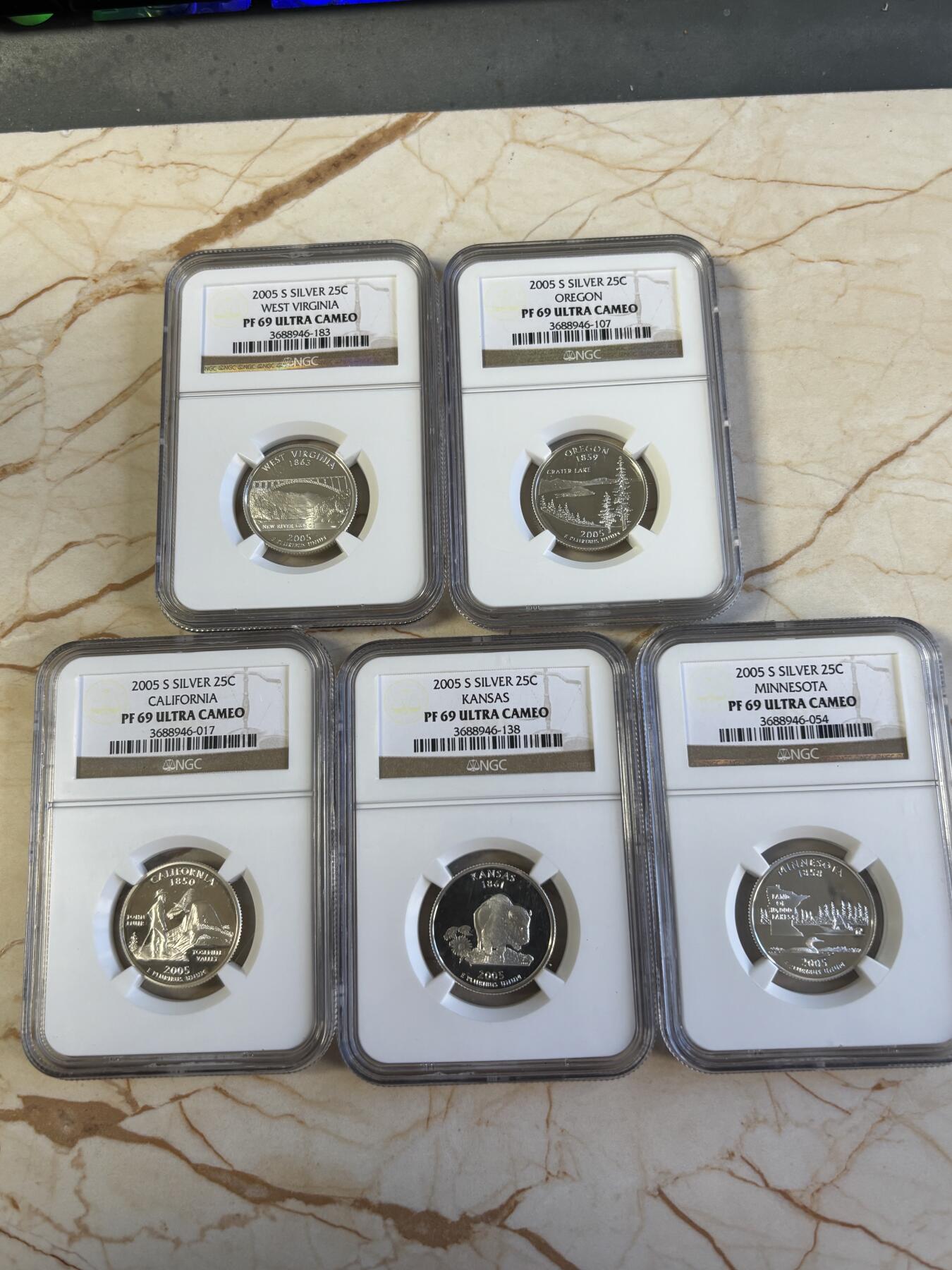 第181期拍卖 美国2005年国家州币(S版)5枚纪念银币NGC-PF69,900银，6.25克*5