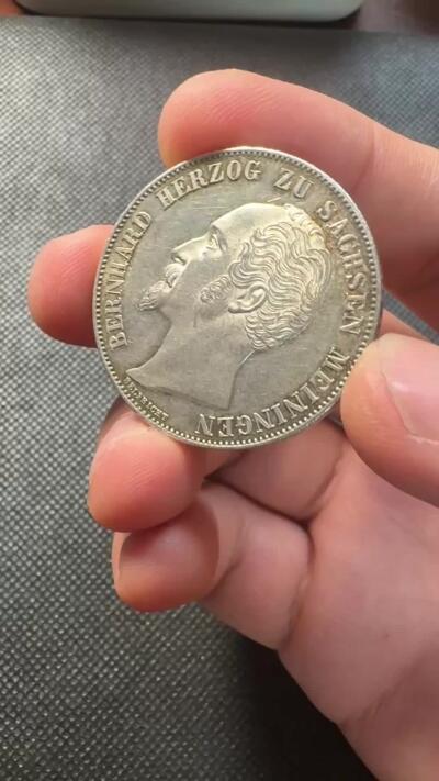 甄臻铺-世界币章拍卖（第38期）立冬小精品场，送拍享返佣金等优惠多多 德国 1854 萨克森-梅宁根 伯恩哈德二世 2盾 稀少品种 转光包浆都很不错 品相同样难得