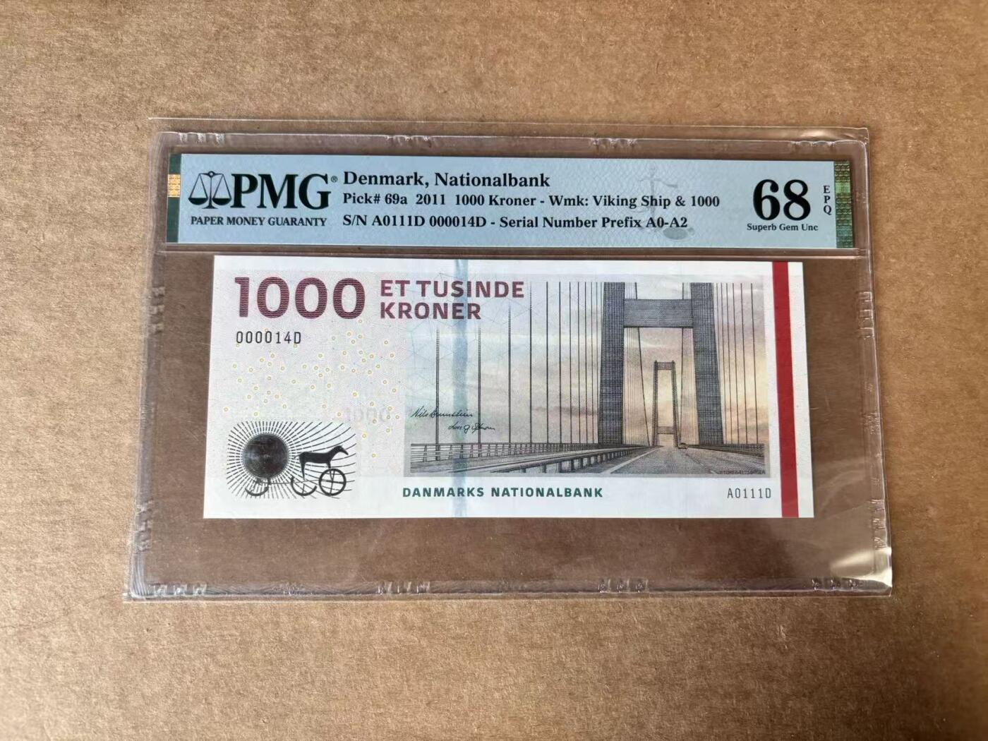 【Blue Auction】世界纸币精拍第748期——18级TOP拍卖/信誉/品质/专业/高效💫 【A0 14小号】丹麦 2011年1000克朗 PMG68EPQ 高分