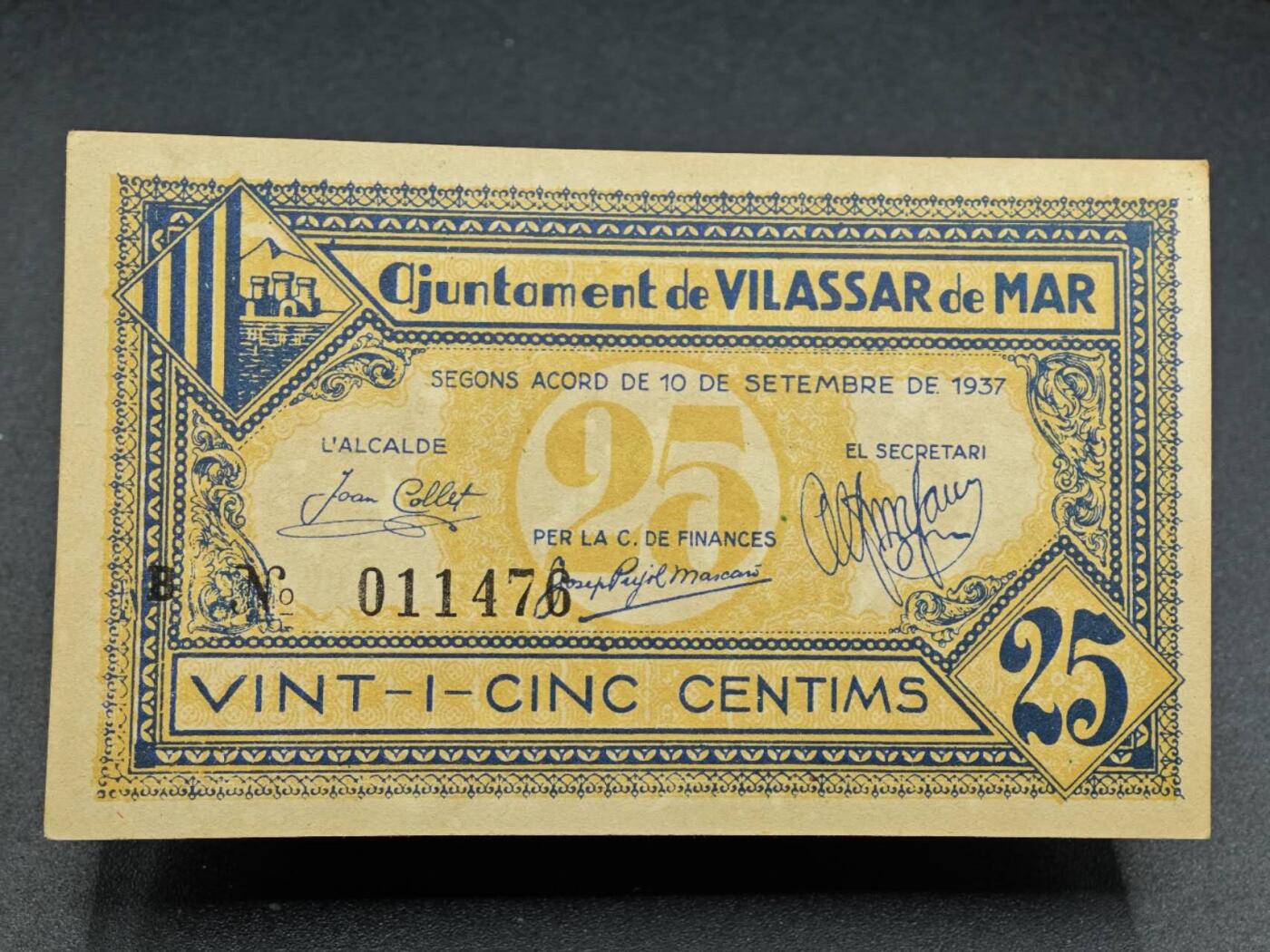 【淘币小摊】实时拍第七百九十二拍   散币场   满百包邮可预留二周 每周一统一发货   西班牙维拉斯尔德马尔1937年25分纸币