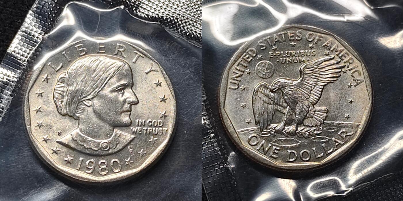 【全场包邮】纯粹捡漏拍477场（免费代拍第14场）调整中 美国1980年苏珊1元（仅发行1979-1981年）PSD少见三厂号原封装版套币-盒证全