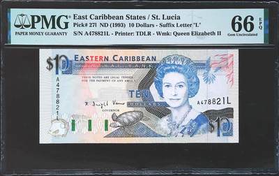 世界靓号纸钞第七十七期 - 1993年早期东加勒比10元 PMG66