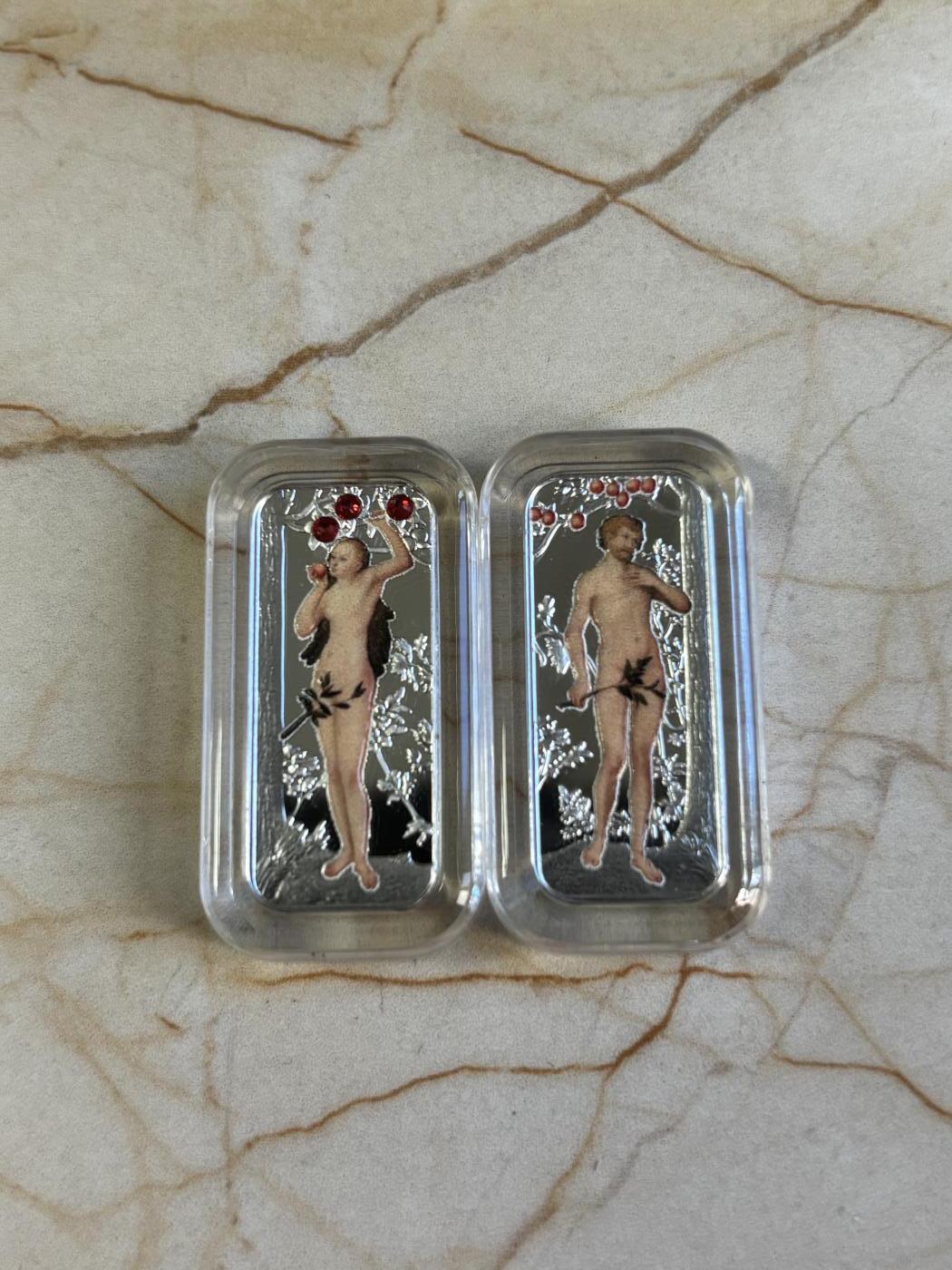 第181期拍卖 喀麦隆2018伊甸园亚当和夏娃彩印条形组合银币，999银，10克*2，发行999套