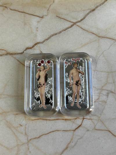 第181期拍卖 - 喀麦隆2018伊甸园亚当和夏娃彩印条形组合银币，999银，10克*2，发行999套