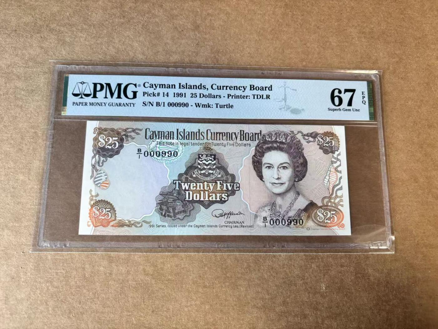 【Blue Auction】世界纸币精拍第748期——18级TOP拍卖/信誉/品质/专业/高效💫  【B/1首发冠990倒置小号】开曼群岛 1991年25元 女王 PMG67EPQ 