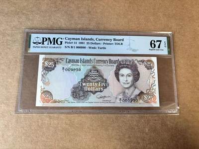 【Blue Auction】世界纸币精拍第748期——18级TOP拍卖/信誉/品质/专业/高效💫 -  【B/1首发冠990倒置小号】开曼群岛 1991年25元 女王 PMG67EPQ 