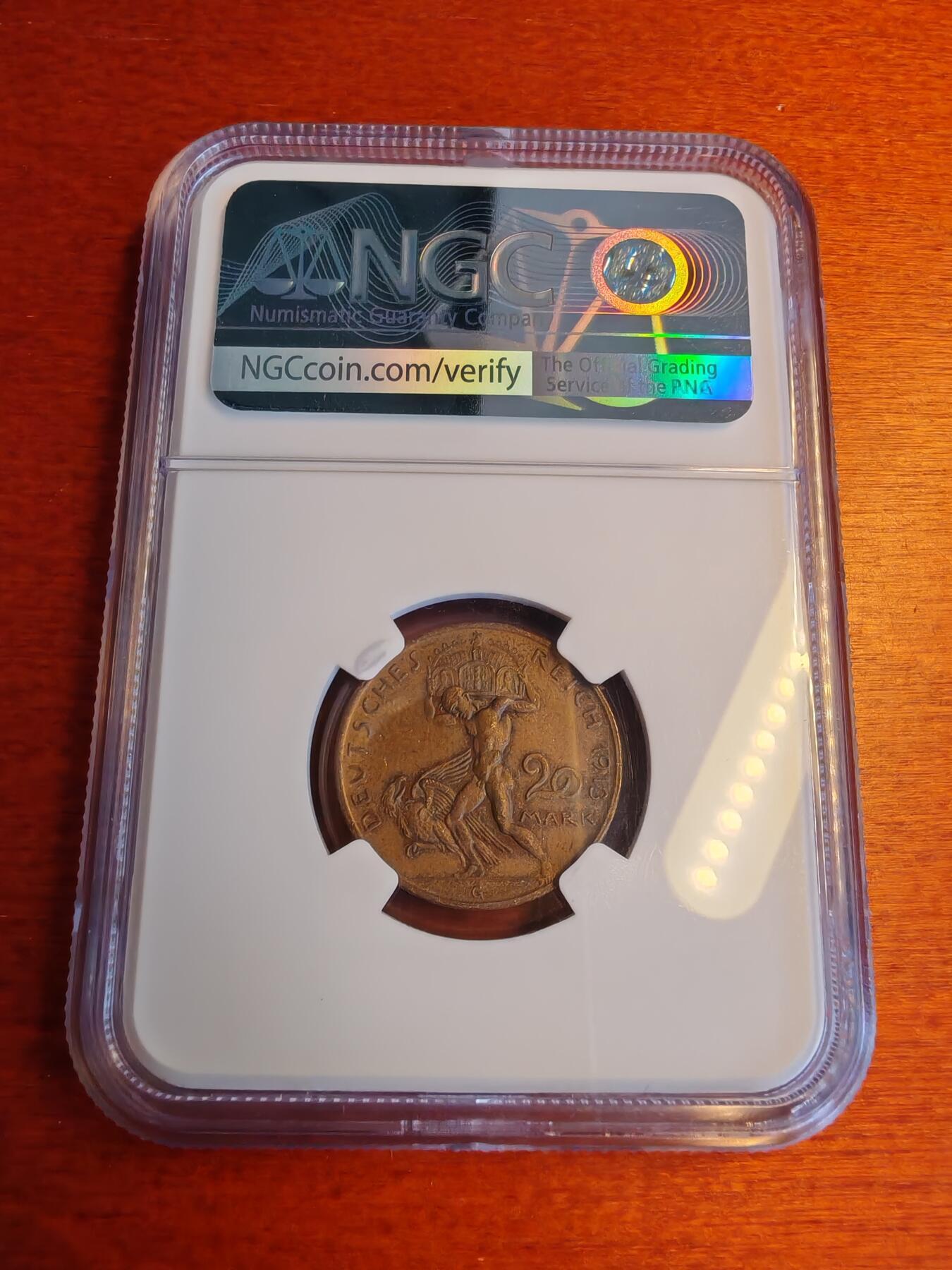 长老汇蛇年精选第七十一场拍卖 样币！1913德国巴伐利亚-莎菲20马克精制铜样币，NGC PF61BN