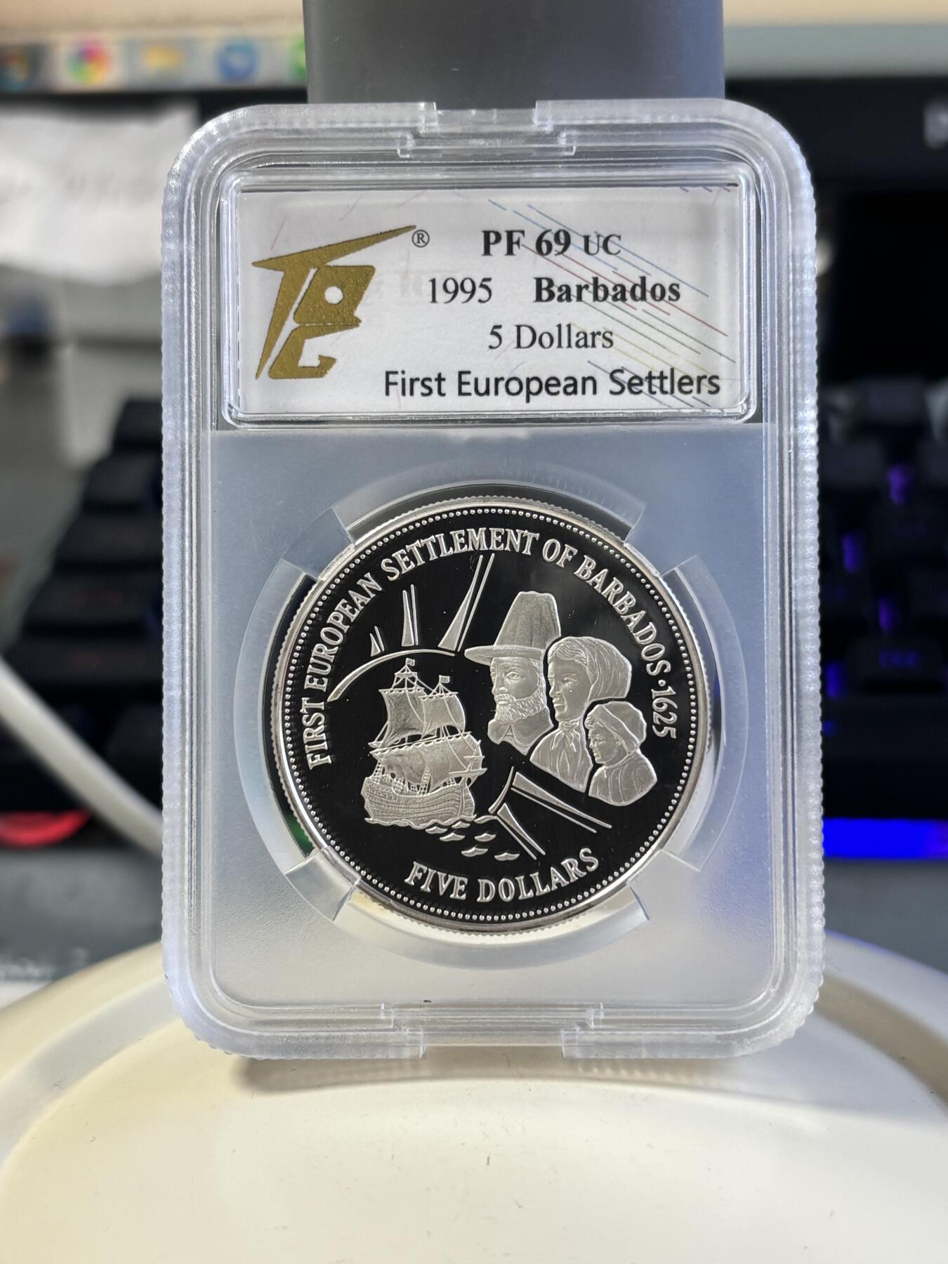 第181期拍卖 巴巴多斯1995年纪念欧洲首次移民美洲370周年银币TQC-PF69，925银，28.33克