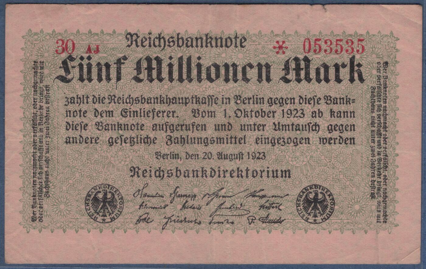 德国1923年5000000(500万)马克 P-105 补号钞 数三无47 号码字体及排列方式如图 八五品 实物图