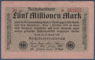 德国1923年5000000(500万)马克 P-105 补号钞 数三无47 号码字体及排列方式如图 八五品 实物图 - 德国1923年5000000(500万)马克 P-105 补号钞 数三无47 号码字体及排列方式如图 八五品 实物图