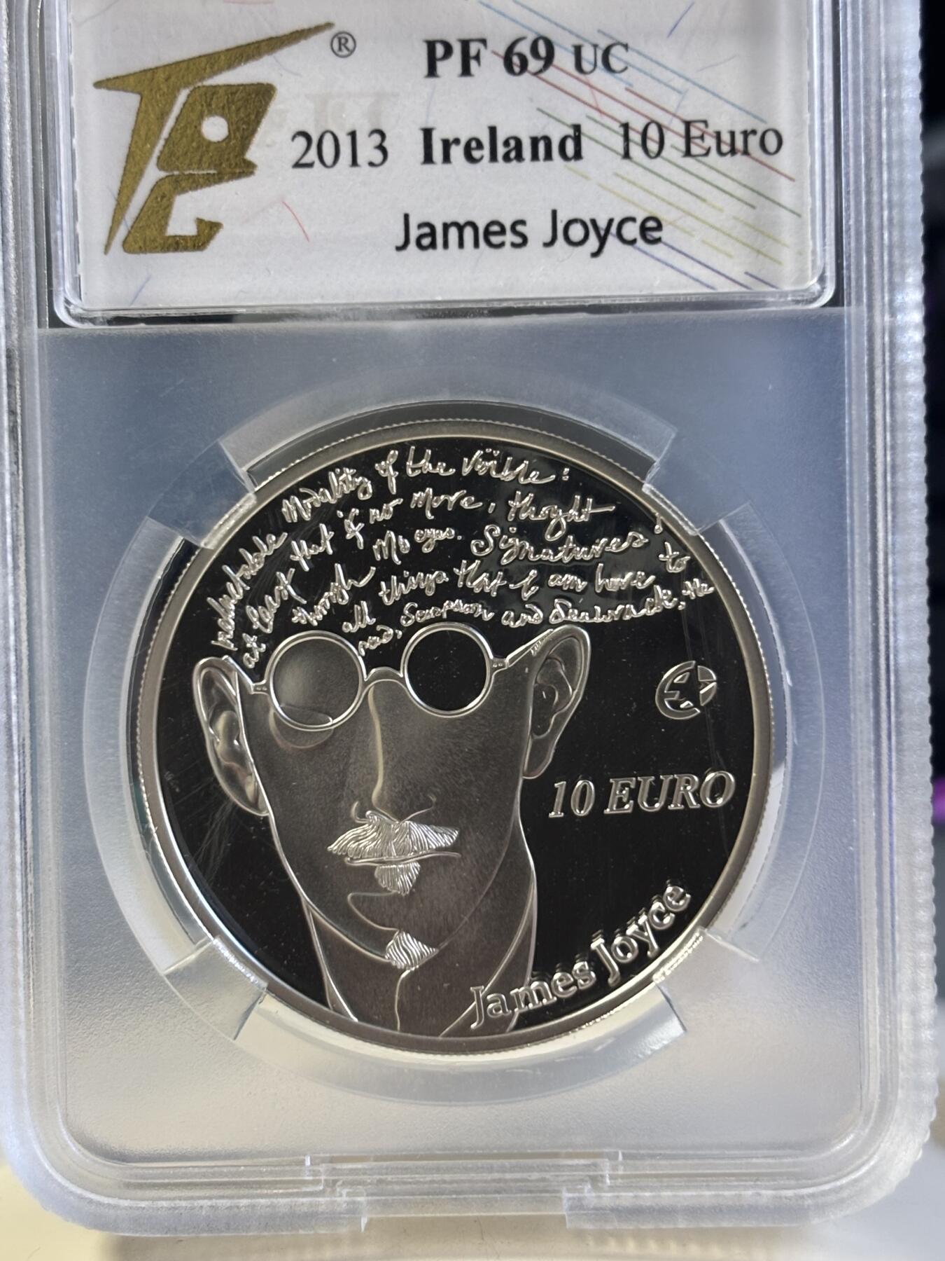 第181期拍卖 少见克劳斯获奖币爱尔兰2013年欧洲之星作家詹姆斯乔伊斯错版银币TQG-PF69UC，获2015年度克劳斯最佳克朗币大奖，925银，28.28克