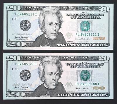 世界靓号纸钞第七十七期 - 2017年美国20美元 豹子号111和尾88一对 全新UNC