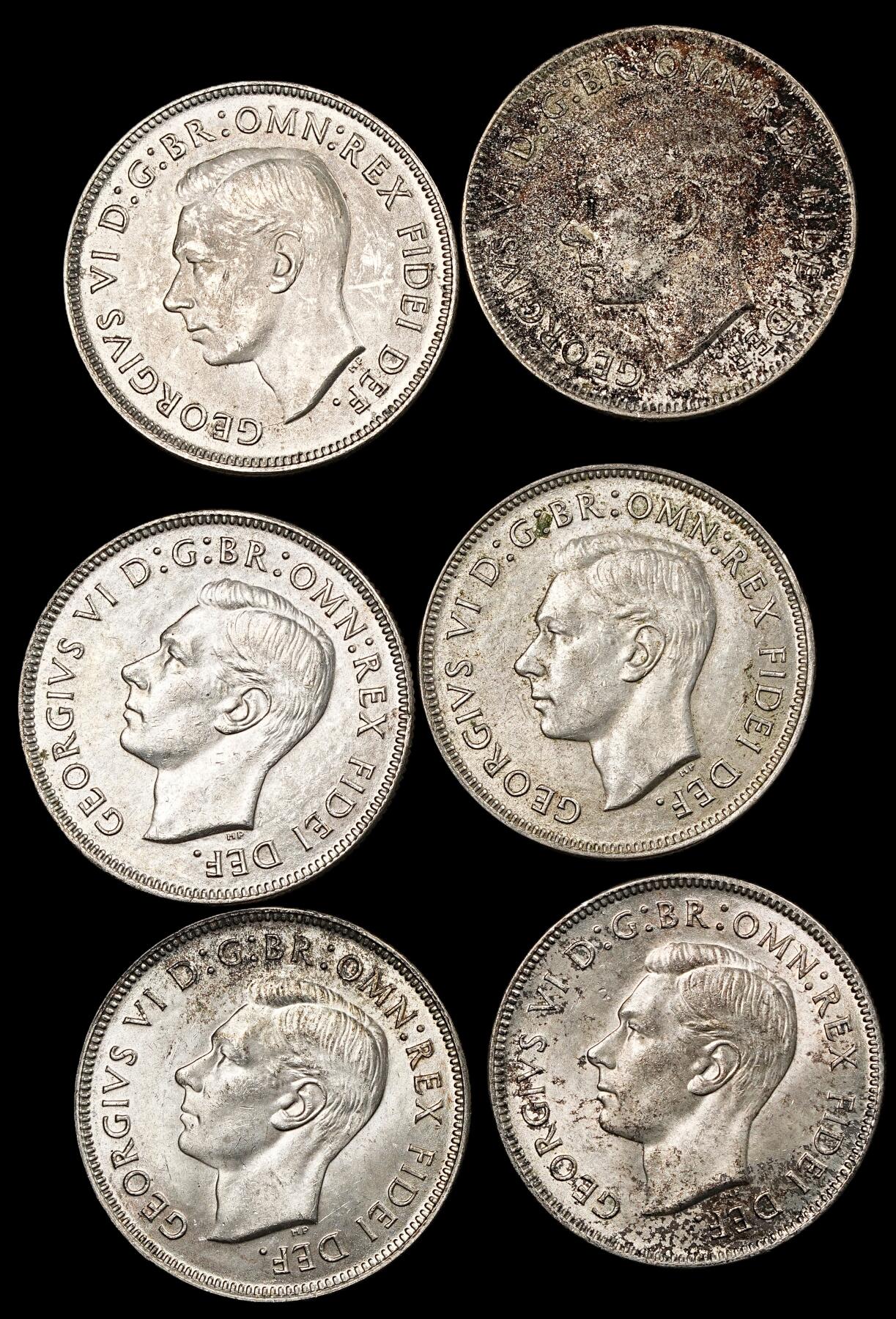 修遠堂世界钱币第九十二期 1951年澳大利亚联邦50周年纪念1弗罗林银币6枚  总重67.91g ，含银50%  未流通品62-64状态