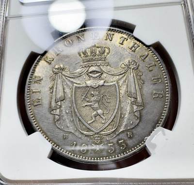 甄臻铺-世界币章拍卖（第38期）立冬小精品场，送拍享返佣金等优惠多多 NGC-UNCD 1833年黑森·达姆施塔特 路德维希二世泰勒银币 老包浆好状态 十字转光非常少见的品种 国内没有成交记录 外拍也寥寥无几 