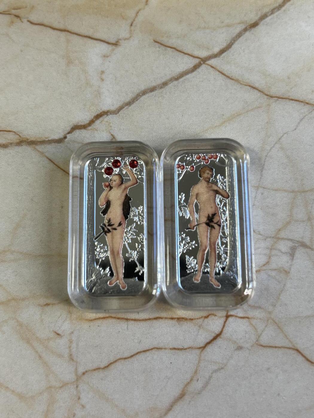 第181期拍卖 喀麦隆2018伊甸园亚当和夏娃彩印条形组合银币，999银，10克*2，发行999套