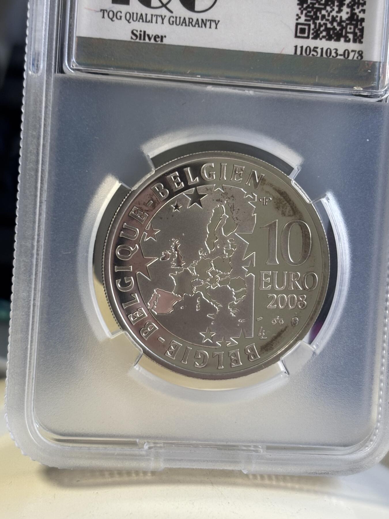 第181期拍卖 比利时2008年欧洲之星系列-莫里斯·梅特林克戏剧《蓝色小镇》上演100周年（蓝鸟）10欧局部彩色精制银币TQG PF66UC  925银 18.75克 发行量：约2万枚 