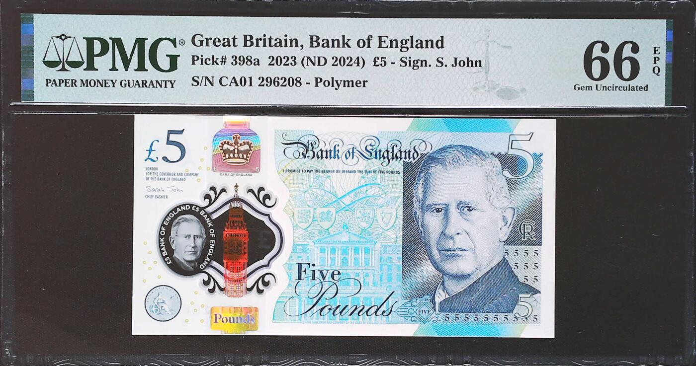 世界靓号纸钞第七十七期 2024年英国英格兰银行5镑 首发CA01冠 全程无3457 全偶数尾8 PMG66