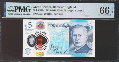 世界靓号纸钞第七十七期 - 2024年英国英格兰银行5镑 首发CA01冠 全程无3457 全偶数尾8 PMG66