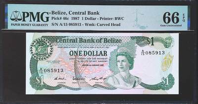世界靓号纸钞第七十七期 - 1987年伯利兹1元 早期女王钞 全程无47 PMG66
