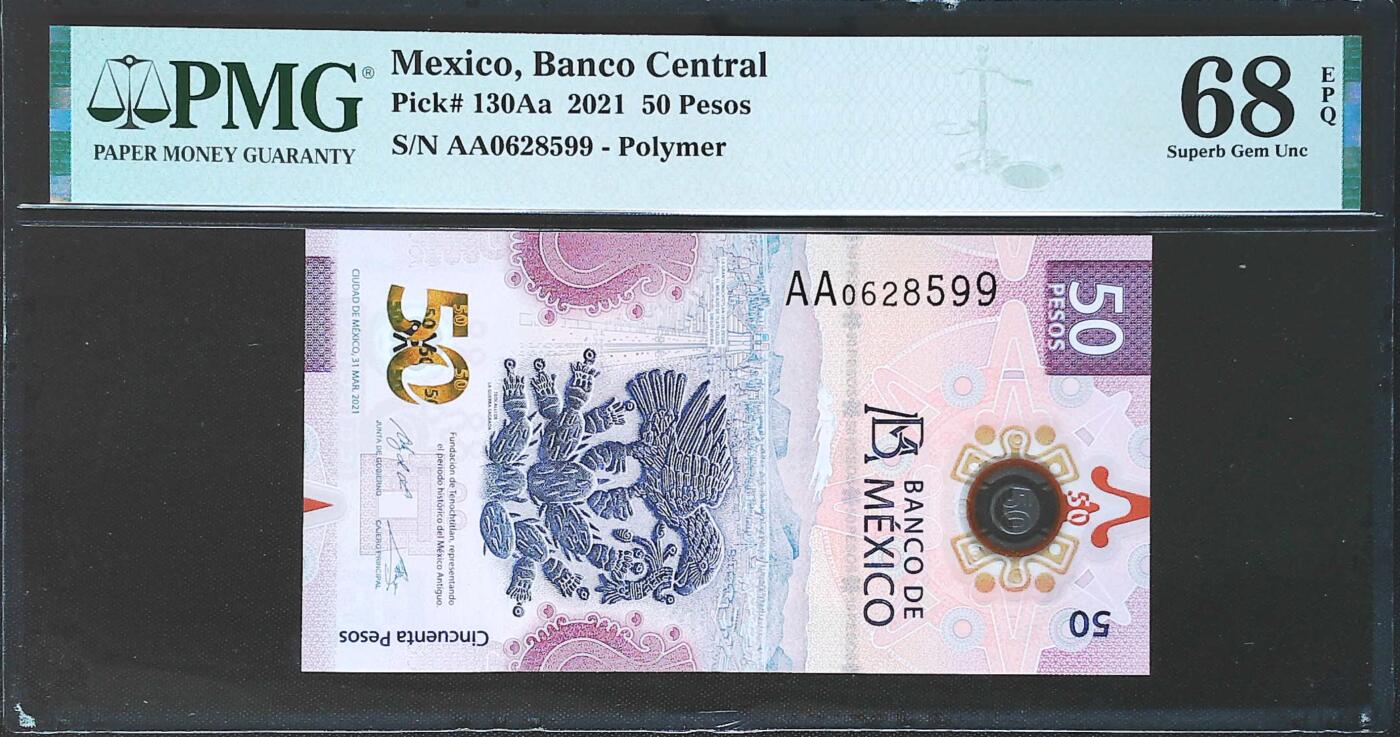 世界靓号纸钞第七十七期 2021年墨西哥50比索 首发AA冠 全程无347尾99 PMG68 超高分 难出分品种 2021年IBNS世界最佳纸币