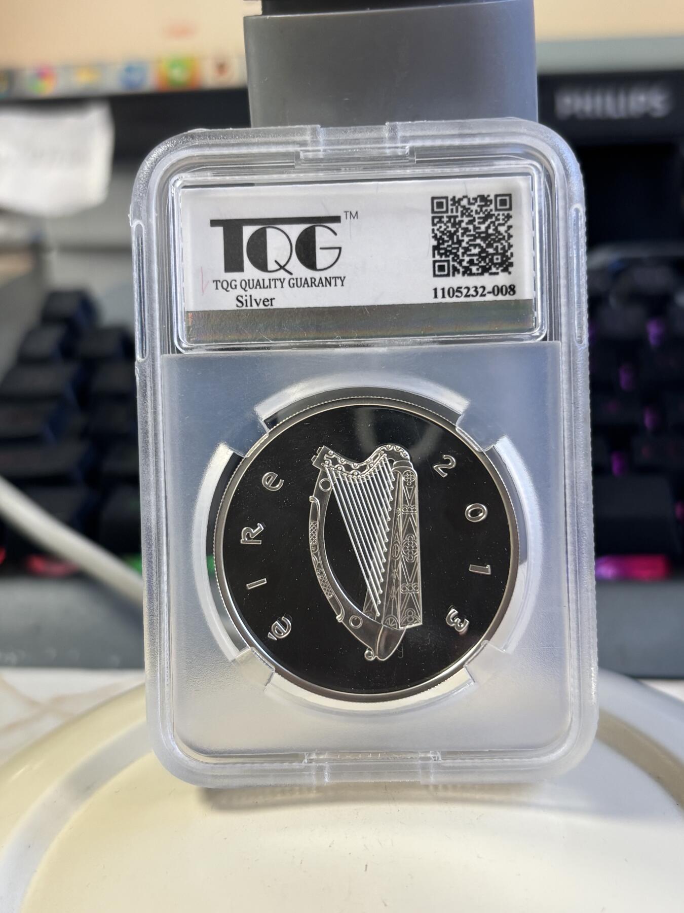 第181期拍卖 少见克劳斯获奖币爱尔兰2013年欧洲之星作家詹姆斯乔伊斯错版银币TQG-PF69UC，获2015年度克劳斯最佳克朗币大奖，925银，28.28克